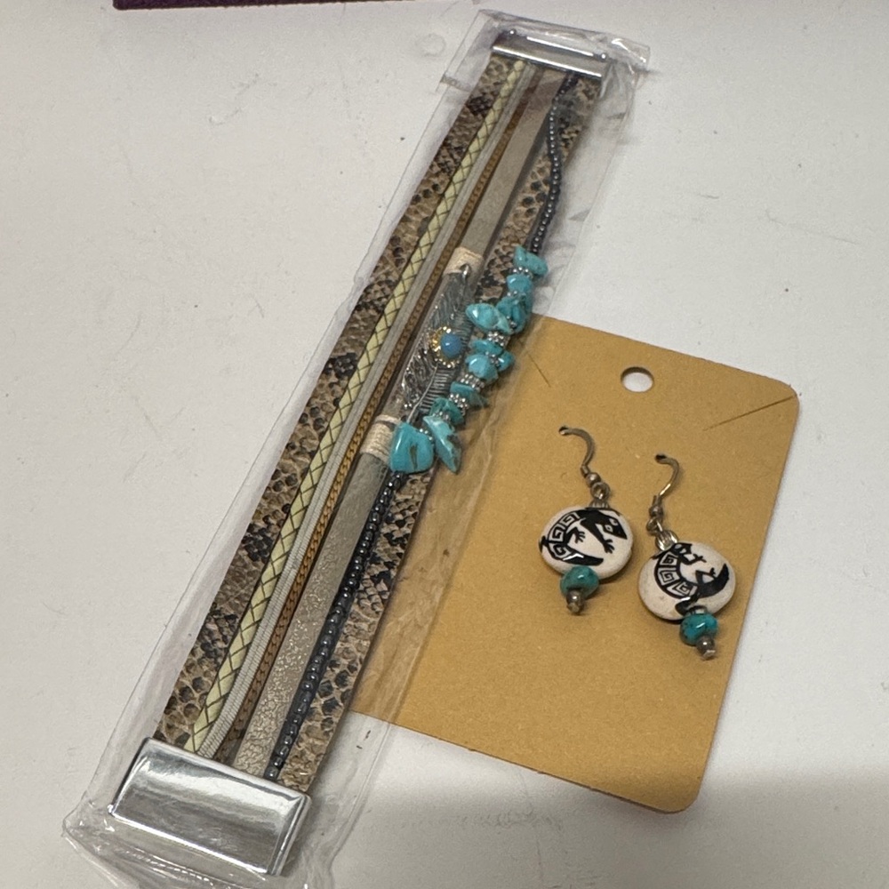 Turquoise & animal-print leather wrap bracelet & dangle earrings set